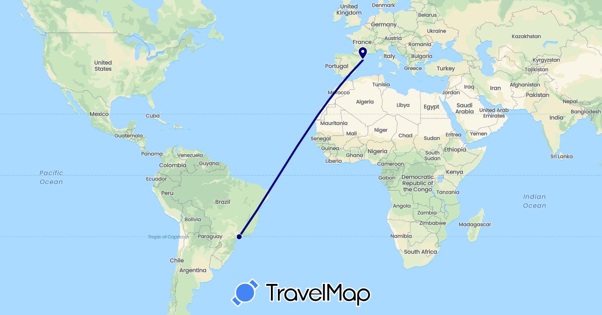 TravelMap itinerary: driving in Brazil, Spain (Europe, South America)